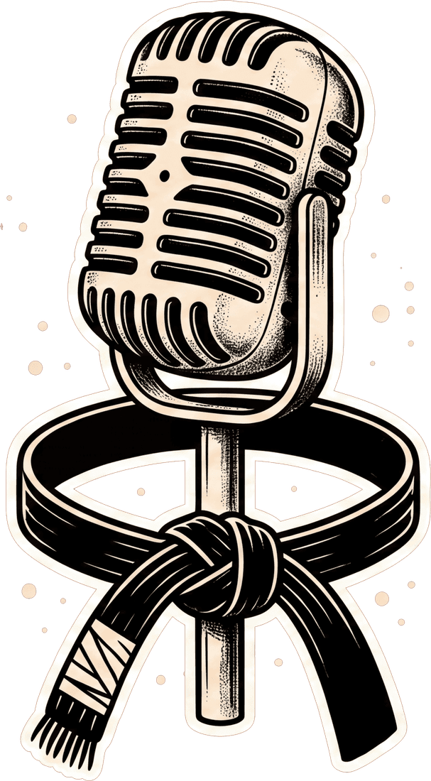 American traditional tattoo illustration of a cream broadcast microphone with a knotted black jiu-jitsu belt tied around it, drawn as a die-cut sticker