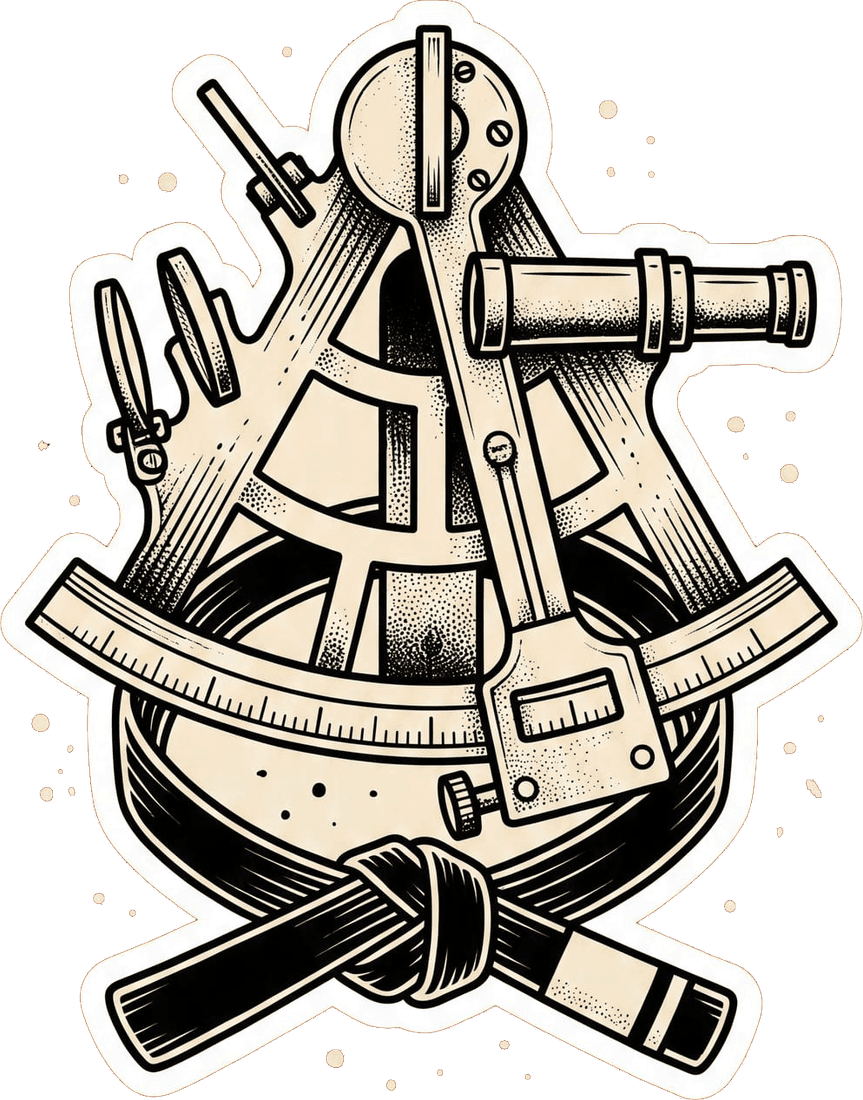 American traditional tattoo illustration of a cream ship's sextant with a knotted black jiu-jitsu belt threaded through its frame, drawn as a die-cut sticker